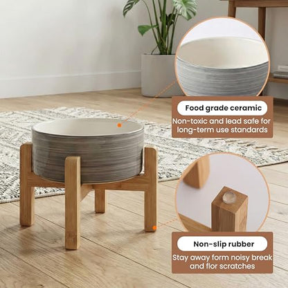 hjn Elevated Ceramic Dog Bowl with Bamboo Stand, Raised Pet Feeding Station for Small Medium Dogs Cats, Modern Design with Anti-Slip Base (White Gray, 3.6Cup) - color: White Gray, size: 3.6Cup