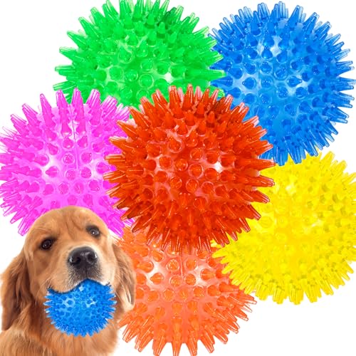 LECHONG 6-Pack 3.5” Squeaky Dog Balls, Durable Soft Spiky Chew Rubber Fetch Toy Balls for Large Medium Aggressive Chewers Teeth Cleaning Chewing Playing Training & Boredom Buster Indoors Outdoors - size: M 6PACK