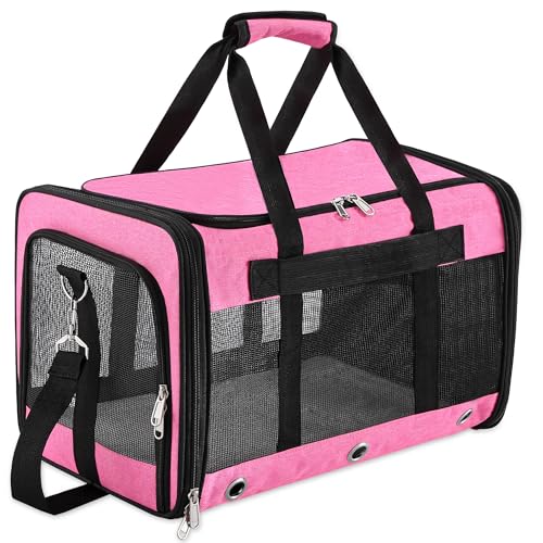Soft Sided Cat/Dog Carrier,Collapsible Pets Travel Carriers for Pet/Puppy with Shoulder Strap & Removable Mat,Mesh Top Load Small Dogs/Cats Carry Bag Up to 17 Lbs TSA Airline Approved（Pink,M） - size: M Pink