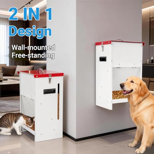 Automatic Dog Feeder - 15LBS Food Capacity Automatic Gravity Dispenser, Powder Coated & Waterproof for Indoor & Outdoor Use, 10.2" L x 8.3" W x 19" H, Red and White - size: 15 Pounds - 1 PC