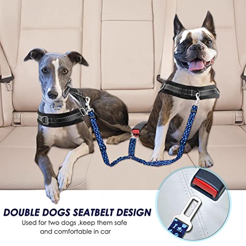 SlowTon Dog Seat Belt, Double Dog Seatbelt Adjustable Vehicle Safety Leash with Elastic Bungee Buffer, Reflective No Tangle Y Shape Two Dog Harness Seat Belt Splitter for Pets Car Trip (Blue Paws, M) - color: I.Blue Paws, size: 2 Medium in 1