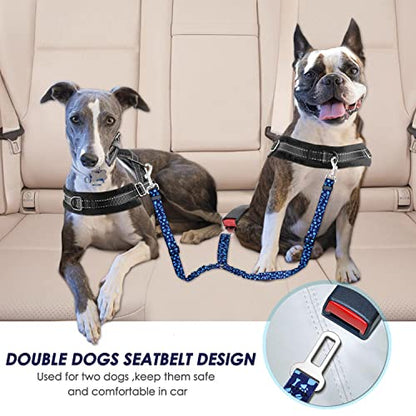 SlowTon Dog Seat Belt, Double Dog Seatbelt Adjustable Vehicle Safety Leash with Elastic Bungee Buffer, Reflective No Tangle Y Shape Two Dog Harness Seat Belt Splitter for Pets Car Trip (Blue Paws, M) - color: I.Blue Paws, size: 2 Medium in 1