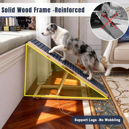 Adjustable Wooden Dog Ramp for Small & Medium Dogs, 39.4" Long x 15.8" Wide Portable Pet Ramp for Bed, Couch, Sofa & Car, Anti-Slip Carpet, Lightweight Foldable Indoor Outdoor Travel Dog Ramp - size: 39.4"L x 15.8"W
