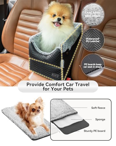 PETSFIT Center Console Dog Car Seat with Safe Protection Hooks, Pet Car Seat with Upgraded Safety Tethers, Washable Cushion, Console Dog Car Seats for Small Dogs Up to 8 Lbs(Black) - color: Black