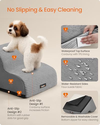Feandrea 2-Step Dog Stairs, Dog Steps for Bed, Sofa, Waterproof Pet Stairs with Anti-Slip Designs, Gentle Slope, Removable Washable Cover, Handle, Dove Gray UPPS002G01 - size: 2-Step