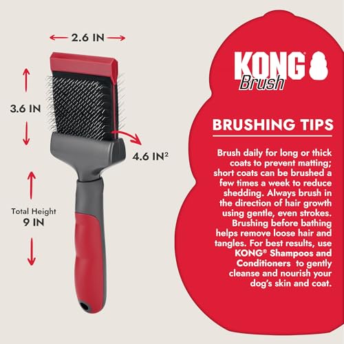 KONG Double-Sided Flexible Slicker Brush – De-Shedding & Detangling Tool, Padded Grip, Long Metal Pins, Flexible Head, for Medium to Large Dogs with Medium to Long Coats, Red/Gray - size: Medium Double-Sided Flexible Slicker