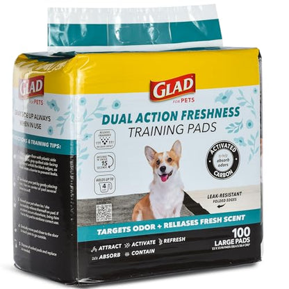 Glad for Pets Dual Action Freshness Activated Carbon Puppy Pads, Fragrance Release, Scented Odor Control, 6-Layer Leak-Proof, Pheromone Attractant, 23 x 23 Inch, 100 Count - size: 100 Count (Pack of 1)