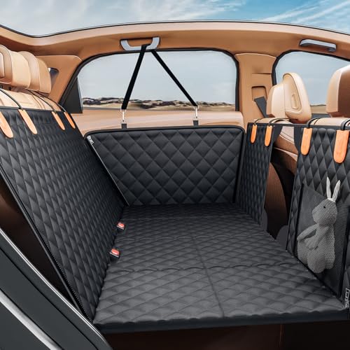 PETICON Back Seat Extender for Dogs, Hard Bottom Dog Car Seat Cover - Supports 400lbs, Rear Seat Pet Cover with Mesh Window, Waterproof Dog Hammock for Car SUV - color: black, size: L - 50.5"W x 60.5"L - Car/SUV
