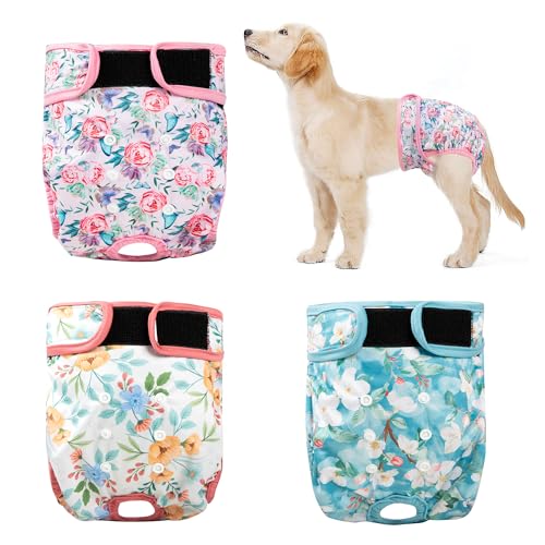 3Pack Reusable Dog Diapers Female,Washable Diaper for Doggie,Highly Absorbent Dog Diaper,Adjustable Leakproof Puppy Girl Dog Diapers for Heat,Incontinence,Period Doggy Nappies XXL - color: Flowers, size: XXL(27.5"-33"Waist)