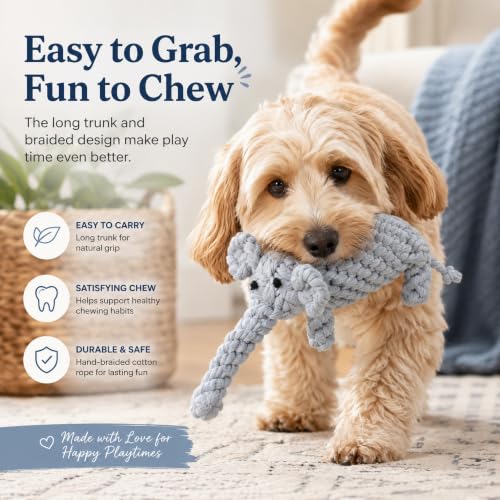 ADUCK Puppy Dog Rope Toy for Teeth Cleaning, Chew-Proof Dental Care & Training Reward | Durable Cotton Heather Gray Elephant for Small & Medium Dogs - color: Grey Elephant