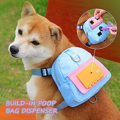 Dog Backpack Harness with Leash,Cute Pet Puppy Backpacks Bulid-in Dog Poop Bag Dispenser,Adjustable Pets Self Carrier Bag for Small Medium Dogs Travel Hiking Daily Walking - color: Blue, size: Small