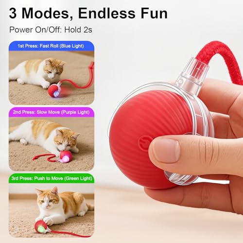 Smart Interactive Automatic Electric Rolling Moving Rechargeable Motion Activated Self Play Electronic Stimulation Chase Teaser Ball Toy with Rope for Indoor Bored Adult Cat and Dog, Red - color: Red