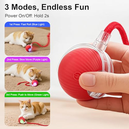 Smart Interactive Automatic Electric Rolling Moving Rechargeable Motion Activated Self Play Electronic Stimulation Chase Teaser Ball Toy with Rope for Indoor Bored Adult Cat and Dog, Red - color: Red