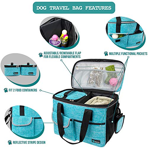 PetAmi Dog Travel Bag Organizer, Pet Travel Kit with 2 Food Containers & 2 Collapsible Dog Bowls, Pet Supplies Tote with Luggage Sleeve, Weekend Road Trip Camping Essentials, Teal Blue, Medium - color: Sea Blue, size: Medium - 14.5"L x 8"W x 12.0"H