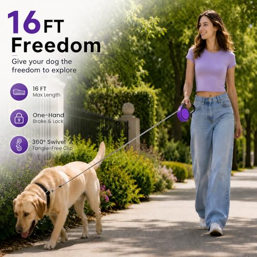 Heavy Duty Retractable Dog Leash-16ft Strong & Durable Walking Leash for S to L Dogs up to 45/115 lbs, Upgraded Lock System, Non Slip Grip, Tangle Free (Purple, Small/Medium) - color: Purple, size: Small/Medium