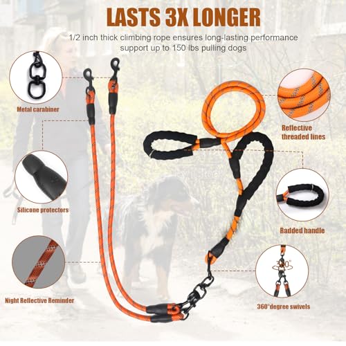 Dual Dog Leash, 360° Anti-Tangle, No Pull, Double Handle & Reflective Double Dog Leash – Perfect for Small/Medium Dogs - color: Red, size: 3 Way