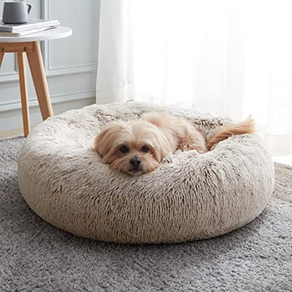 WESTERN HOME WH Calming Dog & Cat Bed, Anti-Anxiety Donut Cuddler Warming Cozy Soft Round Bed, Fluffy Faux Fur Plush Cushion Bed for Small Medium Dogs and Cats - color: White Khaki, size: 27.0"l x 27.0"w x 8.0"th