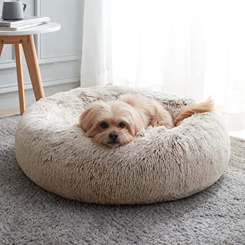 WESTERN HOME WH Calming Dog & Cat Bed, Anti-Anxiety Donut Cuddler Warming Cozy Soft Round Bed, Fluffy Faux Fur Plush Cushion Bed for Small Medium Dogs and Cats - color: White Khaki, size: 27.0"l x 27.0"w x 8.0"th
