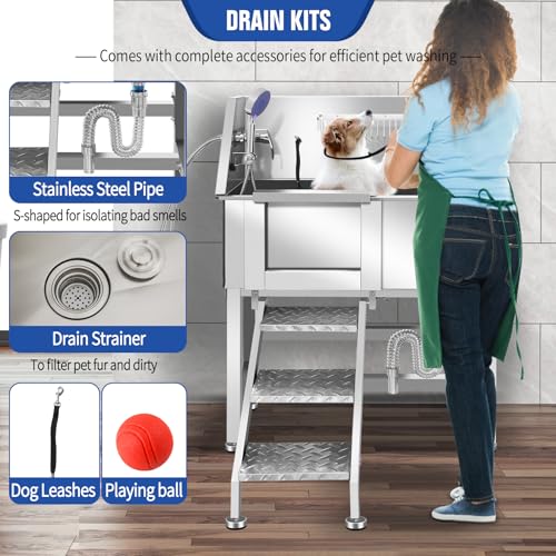 Stainless Steel Dog Washing Station, Pet Grooming Tub W/Storage Stairs, Faucet & Showerhead & Soap Holder Dog Bathtub for Large & Medium & Small Pets,34" L-RAMP - color: 34" L-RAMP
