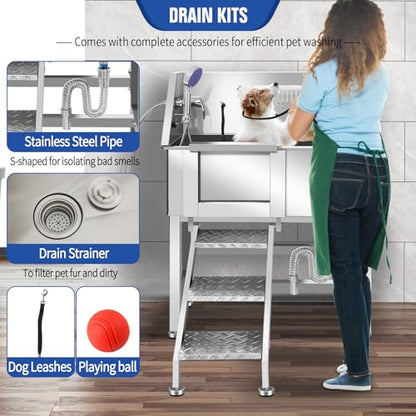 Stainless Steel Dog Washing Station, Pet Grooming Tub W/Storage Stairs, Faucet & Showerhead & Soap Holder Dog Bathtub for Large & Medium & Small Pets,34" L-RAMP - color: 34" L-RAMP