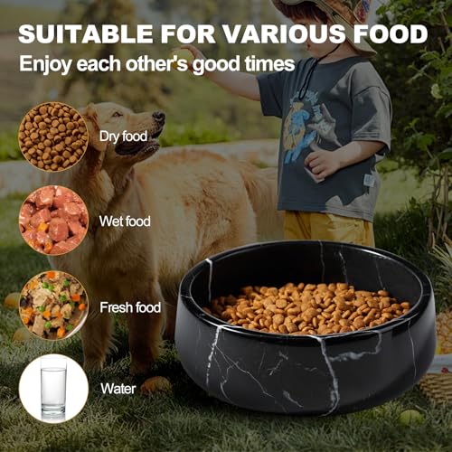 Karibiber Black Marble Dog Bowl, 3.5lbs Non Slip,Non Spill Heavy Dogs Food Bowl, Large Dog Dish, Weighted Food and Water Bowls for Medium Dogs, Natural Stone Pet Bowl, Easy to Clean, Holds 4.5 Cups - color: Black, size: S