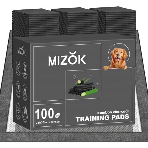 MIZOK 100 Count Pee Pads for Dogs Charcoal, 28x30in Large Wee Wee Pads for Dogs, Superior Odor Protection, Super Absorbent & Leak-Proof, Puppy Pads with Adhesive Tabs, Thick & Heavy - size: Large 28"x30" 100 Count