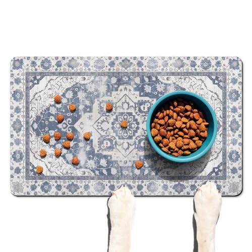 Absorbent Pet Dog Bowl Mat for Food and Water, Pet Cat Food Feeding Mat with Non Slip Rubber Backing, Dog Food Mats for Floors Waterproof, 17"x30" - color: Medallion01-Blue, size: 30"L x 17"W