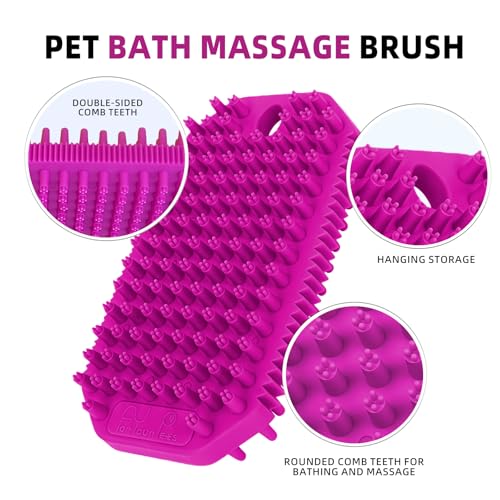 Rose Red 3-in-1 Double-Sided Dog Shampoo Brush Dog Washing Brush Massage Bath Brush for Dogs and Cats Remove Loose Hair Knots Gentle Pet Grooming Tool Deep Cleansing