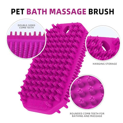 Rose Red 3-in-1 Double-Sided Dog Shampoo Brush Dog Washing Brush Massage Bath Brush for Dogs and Cats Remove Loose Hair Knots Gentle Pet Grooming Tool Deep Cleansing