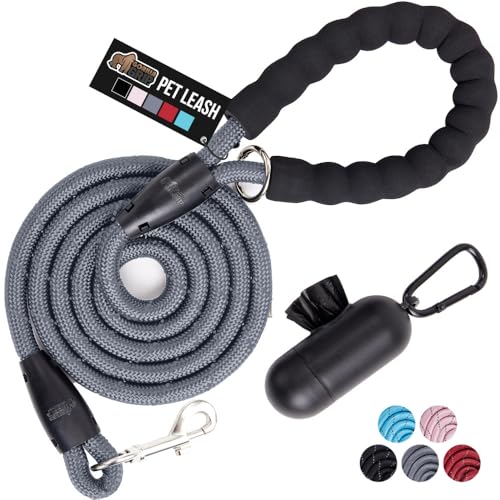 GORILLA GRIP Dog Leash, Heavy Duty Reflective Rope Leashes for 105lb Dogs, Cats, Small Animals, Puppy Training Essential for Walks, Hikes, Soft Handle, Rotating Metal Clip, Waste Bag Dispenser, Gray - color: Gray, size: 4 FT X 1/2 Inch (105lb)