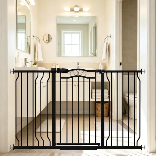 53.1-62.2" Extra Wide Baby Gate for Stairs No Drilling, 30" Tall Auto Close Press Mounted Baby Gate for Doorways, Adjustable Width Walk Through Dog Gates for Doorways - color: Black, size: 53.1"-62.6"