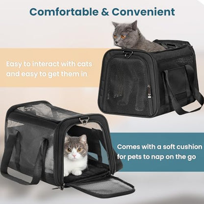 Airline Approved Cat Carrier, Soft-Sided Collapsible Pet Carrier for Travel, 3 Carrying Ways, Lightweight and Ventilation on 5 Sides, Escape Proof, with Soft Fleece Pad - color: Z-Black, size: 18.0"L x 11.0"W x 11.0"H