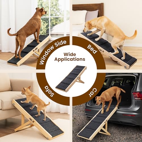 Upgraded 2026 MYUNIK Adjustable Small Dog Ramp 37.8" Foldable Solid Wood Pet Small Ramp with 5 Heights 13.6–21.5", Non-Slip Carpet Handle Ramp for Bed Couch Sofa & Car