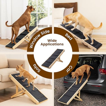 Upgraded 2026 MYUNIK Adjustable Small Dog Ramp 37.8" Foldable Solid Wood Pet Small Ramp with 5 Heights 13.6–21.5", Non-Slip Carpet Handle Ramp for Bed Couch Sofa & Car