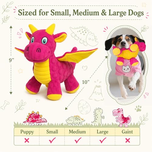Squeaky Dog Toys - Cute Plush Dragon Dog Toy with 5 Squeakers & Crinkle Paper, Pink Dog Toy Gift for Small, Medium and Large Dogs (Pink,10") - color: Pink