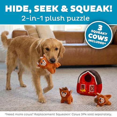 Outward Hound Hide-A-Cow Dog Toy, 2-in-1 Interactive Hide & Seek Plush Puzzle with Barn & 3 Squeaky Highland Cows - color: Cow