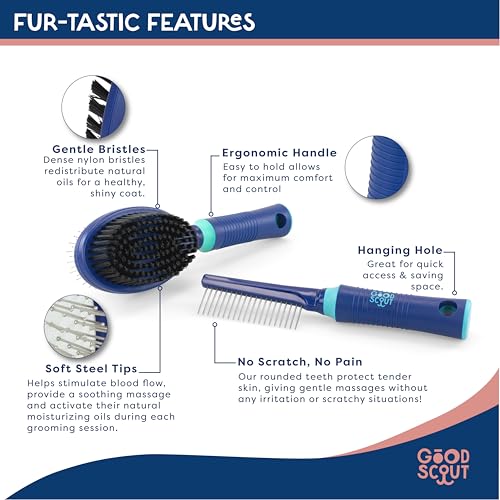 Good Scout 2-Piece Deshedding Tool Set with Comb & Soft Bristle Brush, Best Deshedding Tool for Dogs & Cats, Gentle, Safe & Effective Grooming Tool for Short or Long Haired Animals - style: Comb & Bristle Brush