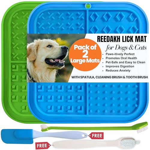 Large Licking Mats for Dogs and Cats, Slow Feeder Lick Pad with Suction Cups for Dog Training,Peanut Butter Licking Pad for Boredom Reducer (2 Lick Mats with Free Spatula, Tooth Brush, cleaning Brush)