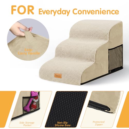 Topmart 3 Tiers Foam Dog Ramps/Steps,Non-Slip Pet Steps | Extra Wide Deep Dog Stairs,High Density Foam Pet Stairs/Ladder,Best for Older Dogs,Cats,Small Pets - color: Beige, size: 23.6*15.7*15.7