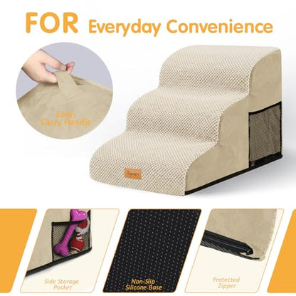 Topmart 3 Tiers Foam Dog Ramps/Steps,Non-Slip Pet Steps | Extra Wide Deep Dog Stairs,High Density Foam Pet Stairs/Ladder,Best for Older Dogs,Cats,Small Pets - color: Beige, size: 23.6*15.7*15.7