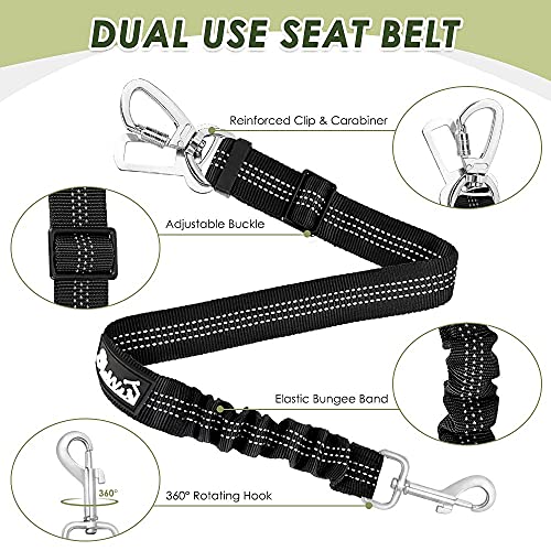 SlowTon Dog Seatbelt, 2 Pack Dog Seat Belt Car Leash Adjustable Elastic Bungee Buffer Heavy Duty Nylon Reflective Pet Safety Tether Connect to Dog Harness for Travel Riding in Vehicle (Daul Clip, B) - color: Black