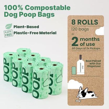 JIWON 100% Certified Home Compostable Dog Poop Bags, 120 Count (8 Rolls), 9"x13", OK Compost & Seedling, Thick & Leakproof, Plant Based Compostable Waste Bags, Unscented - style: 120 Bags