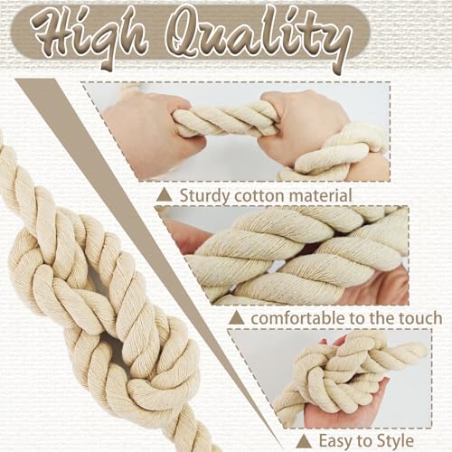 Natural White Cotton Rope 4/5 inch x 10 ft,Tug of War Rope,Strong Triple-Strand Rop Twisted Cotton Ropes for DIY Crafts Decoration,Swing,Tug of War,Pet Toys