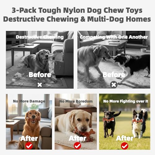 Dog Chew Toys for Large Medium Breeds, Dog Toys for Teeth Cleaning and Training, Toys for Aggressive Chewers, 3 Pack Bacon Flavored Tough Nylon Chew Bones to Keep Them Busy
