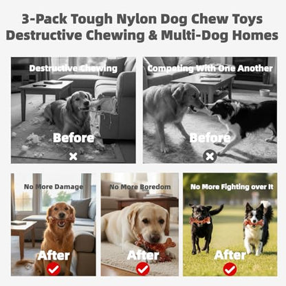 Dog Chew Toys for Large Medium Breeds, Dog Toys for Teeth Cleaning and Training, Toys for Aggressive Chewers, 3 Pack Bacon Flavored Tough Nylon Chew Bones to Keep Them Busy