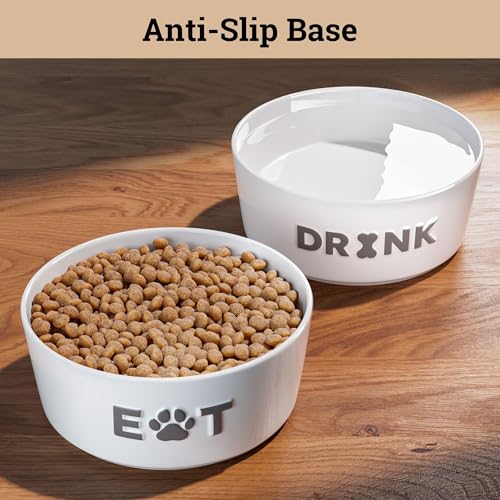 Ceramic Dog Bowl Set of 2 w/ Anti-Skid Base 6.5"W x 2.5"H, 3.8 Cup Capacity | Thick Ceramic, Dishwasher Safe, Anti-Skid Rubber Base, 3.8 Cups per Bowl, Ceramic Food & Water Bowls Set of 2 for Medium Dogs - color: Gray, size: Medium 6.5"
