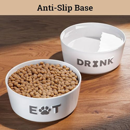 Ceramic Dog Bowl Set of 2 w/ Anti-Skid Base 6.5"W x 2.5"H, 3.8 Cup Capacity | Thick Ceramic, Dishwasher Safe, Anti-Skid Rubber Base, 3.8 Cups per Bowl, Ceramic Food & Water Bowls Set of 2 for Medium Dogs - color: Gray, size: Medium 6.5"