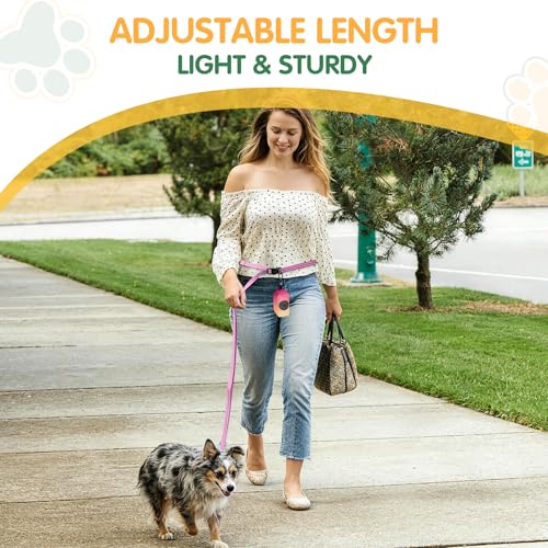 Kazazoo Hands-Free Dog Leash with Poop Bag Holder, Adjustable 4-7 Ft Waist for Dog Walking, Running for Small Dogs with Reflective Strips, Nylon Waist Belt, Pink - color: Pink
