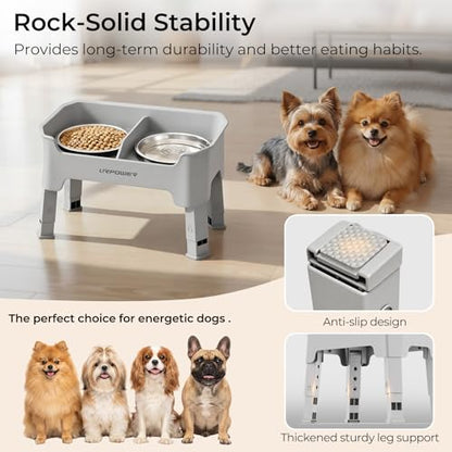 URPOWER Mess Proof Elevated Dog Bowls 4 Height Adjustable Raised Bowl Stand with 2 Stainless Steel Dog Bowls Non-Slip Food and Water Bowl Set for Small Dogs, Light Grey - color: Light Grey, size: Small