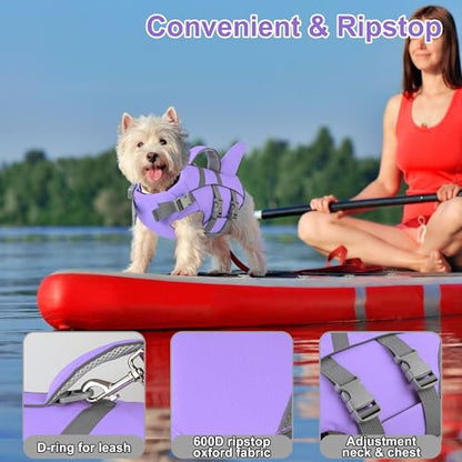 Dogcheer Dog Life Jacket with Shark Fin, High Buoyancy Swim Vest with Top Rescue Handle, Adjustable Reflective Flotation Vest for Swimming, Kayaking, Boating - Taro Purple,XL - color: Taro Purple, size: X-large